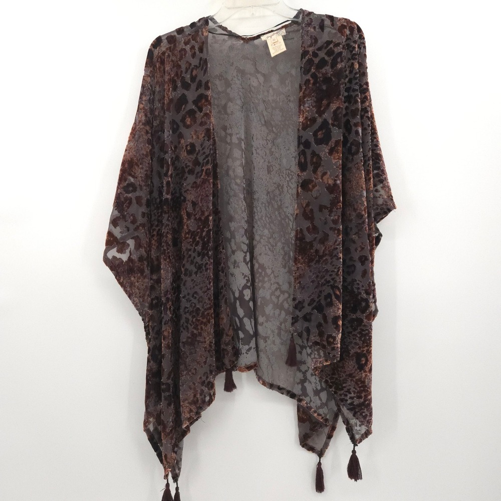 Mystree Velvet Burnout Kimono Wrap Women One Size Brown Leopard Tassel Boho